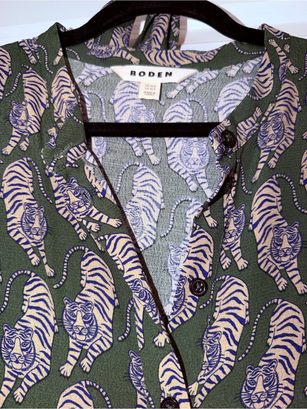 Boden Green Purple and Tan Tiger Print Maxi Dress with Tie Waist - Picture 11 of 11